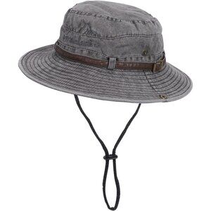 Unisex Grey 100% Cotton Wide Brim Boonie With Chin Strap Classic Bucket Sun Hat